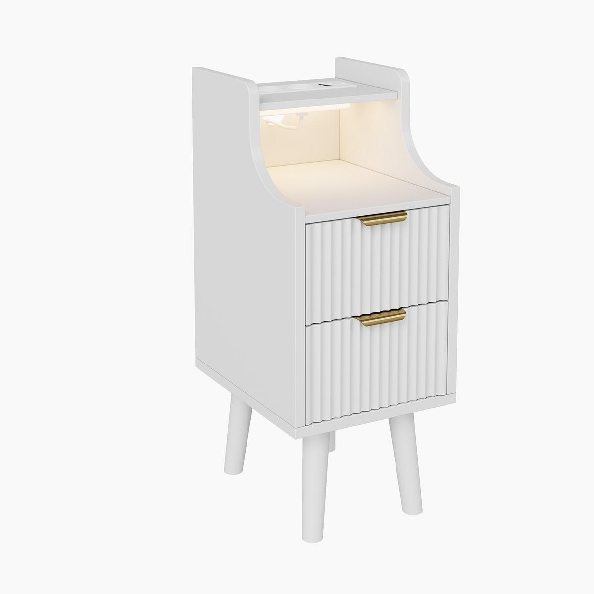 NACHTTISCH 2er-Set mit LED, Steckdose & USB, 2 Schubladen, Weiß, MDF - Weiß, Holz (25/76/30cm)