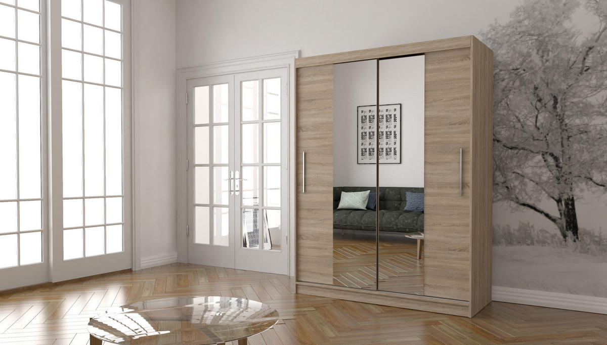 SCHIEBETÜRENSCHRANK - LARA 01 (Sonoma) - Sonoma Eiche, Holzwerkstoff/Metall (150/200/61cm) - Möblo