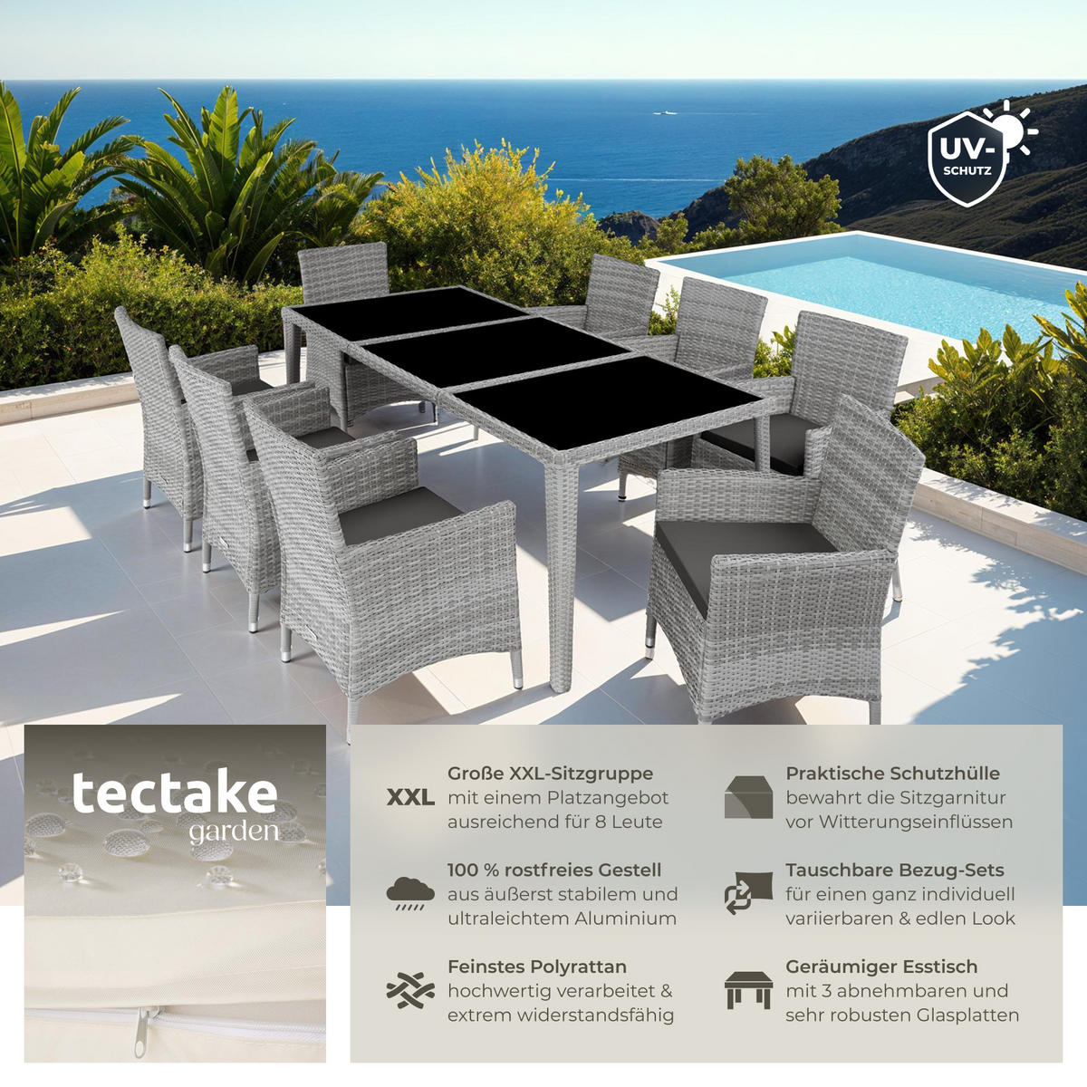 RATTAN SITZGRUPPE Menorca,2 Bezugssets, inklusive Schutzhülle,hellgrau - Hellgrau, Kunststoff - tectake