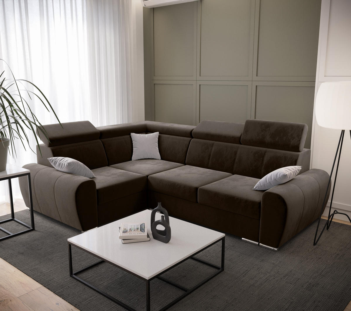 ECKSOFA APOLLO KN08, Eckcouch in L-Form mit Schlaffunktion, Farbe: Braun, Velourstoff, Ottomane Links - Braun, Textil (255/190cm) - O-Sofa