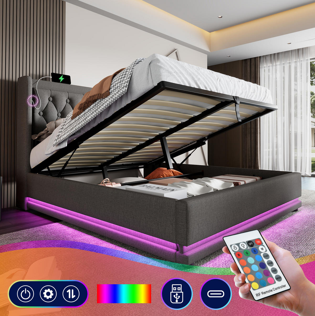 POLSTERBETT 180/200 cm Grau aus Baumwolle mit Bettkasten, USB-C und LED - Grau, Textil (180/200cm) - OKMYHOME