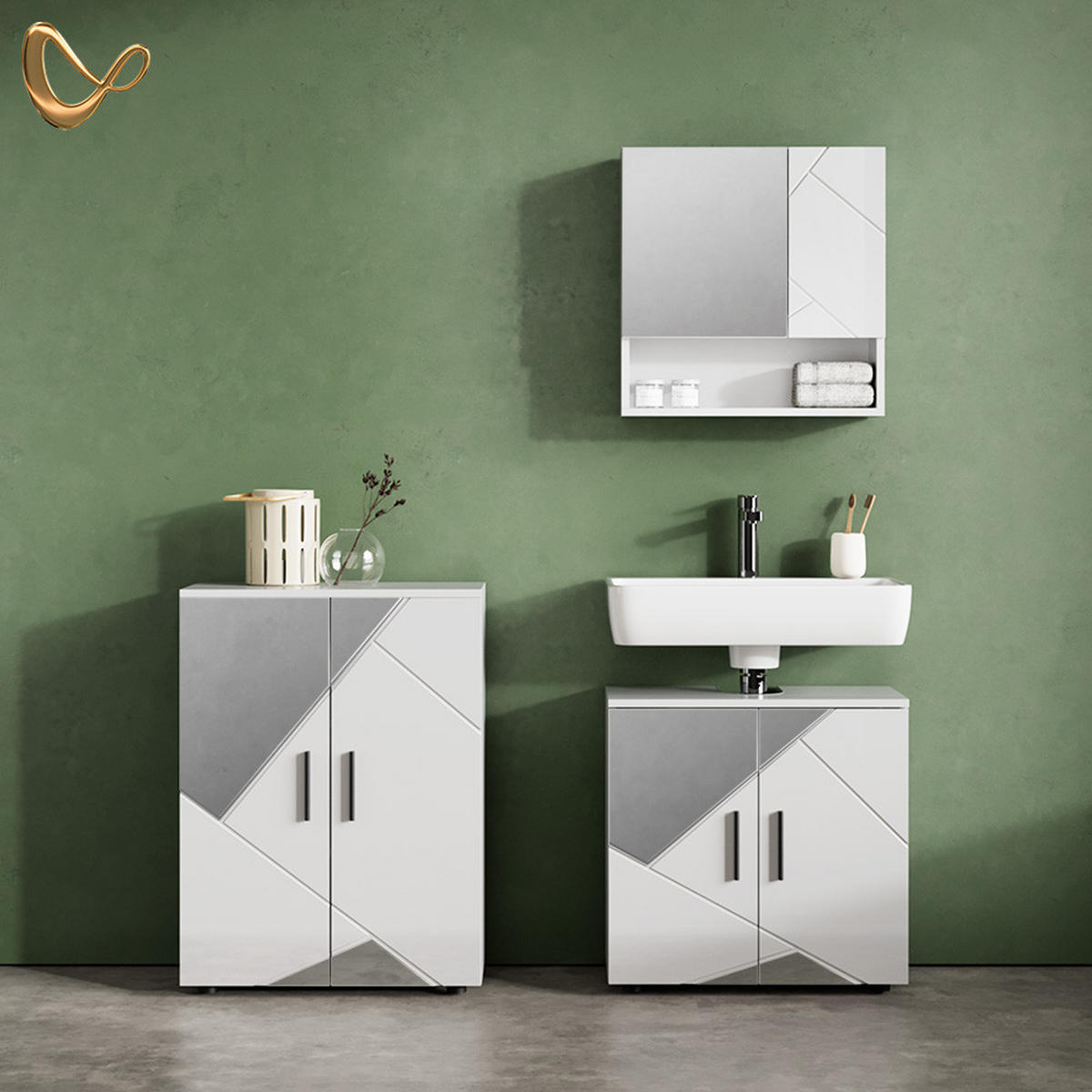 MIDISCHRANK Ronco Weiß Hochglanz mit Einsätzen 60 x 81 cm - Weiß Hochglanz/Grau, Holzwerkstoff (60/81/30cm) - Livinity®