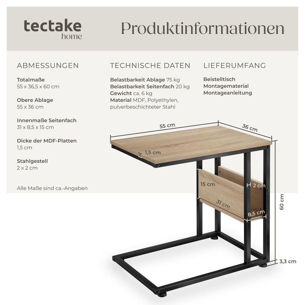 BEISTELLTISCH Wigan,55 x 36,5 x 60 cm,Industrial Holz hell, Eiche Sonoma - Naturfarben, Holz (55/36.5/60cm) - tectake