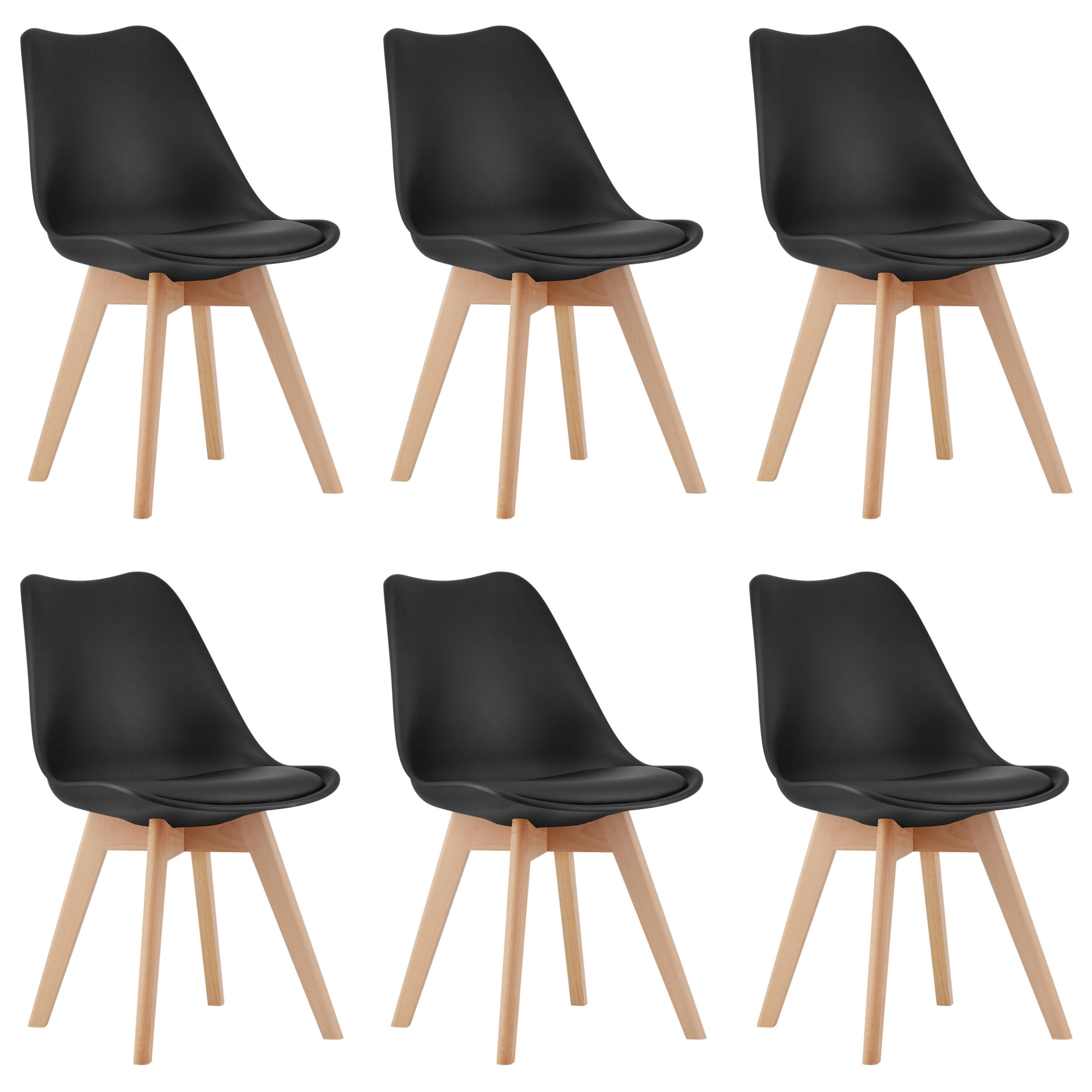 STUHL DOZZA 6-er Set, Schwarz Kissen aus Kunstleder - Schwarz, Holz/Kunststoff (49/82/43cm) - Komodee