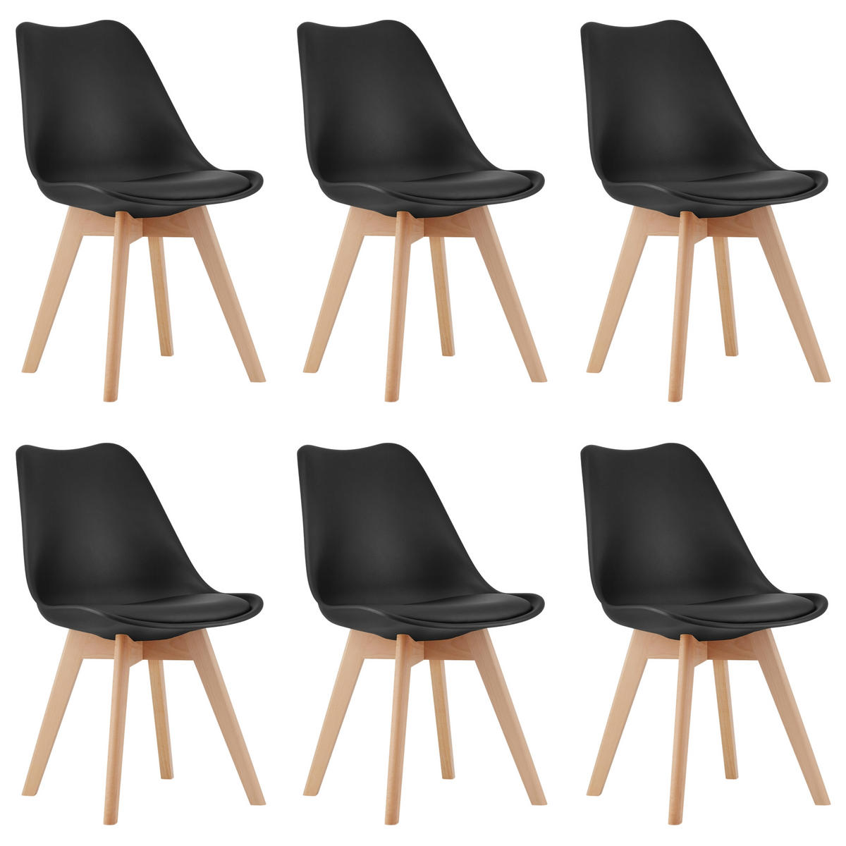 STUHL DOZZA 6-er Set, Schwarz Kissen aus Kunstleder - Schwarz, Holz/Kunststoff (49/82/43cm) - Komodee