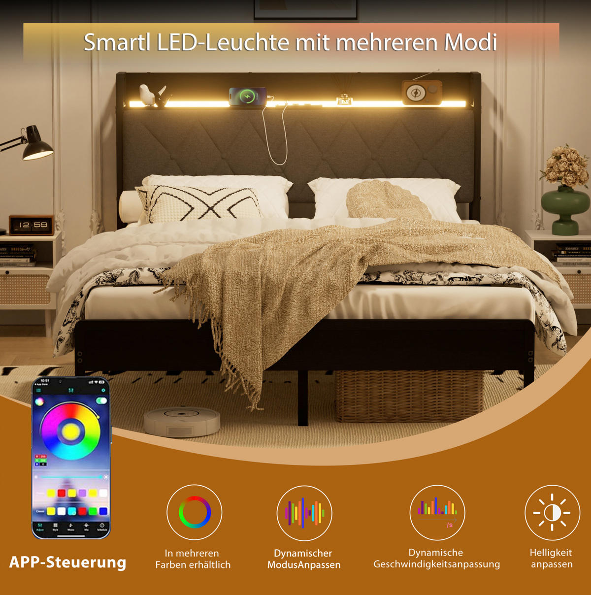 POLSTERBETT 140x190 cm in Schwarzgrau mit LED-Beleuchtung, USB-Anschluss und Stauraum - Schwarz, Textil (140/190cm) - IVMEU