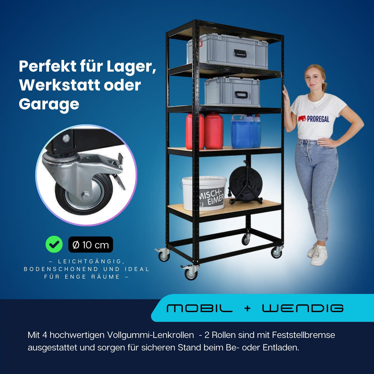 KOMMISSIONIERWAGEN BÜFFEL, 190x90x50cm, 5 Ebenen, Fachlast 50kg, 2X Lenkrollen & 2X Lenkrollen mit Feststellbremse, Schwarz - Schwarz, Metall (90/190/50cm) - PROREGAL