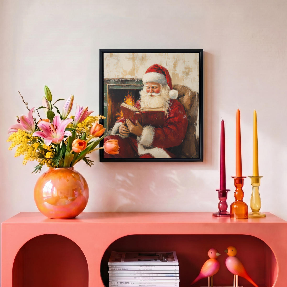 LEINWAND Bilder mit Rahmen - Weihnachten - Weihnachtsmann - Winter - Open Fireside - 20x20 - Dunkelrot, Textil (20/20cm) - MuchoWow