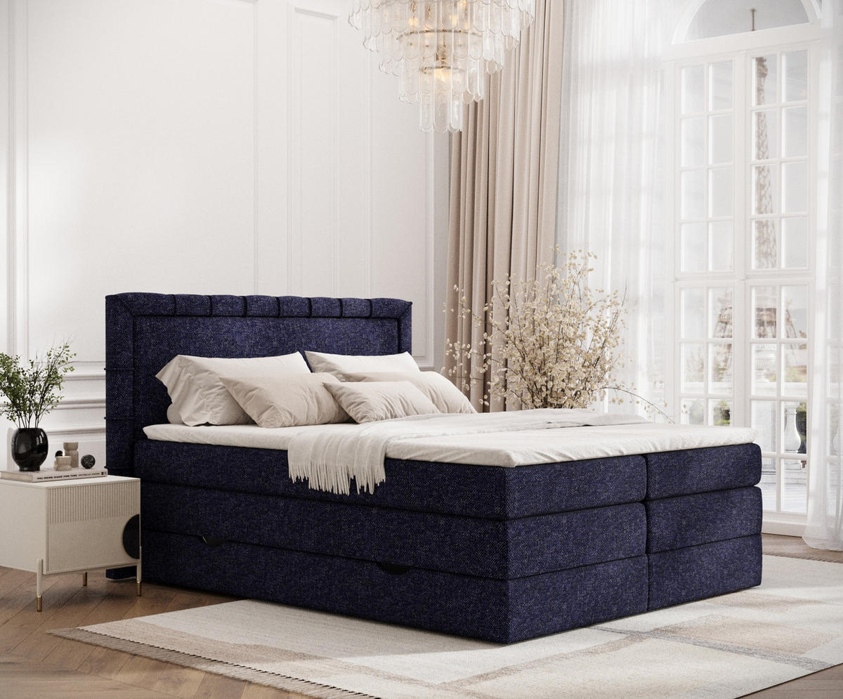 BOXSPRINGBETT Rosabel Marineblau 140/200 cm mit Matratze und Topper - Schwarz/Dunkelblau, Holz/Holzwerkstoff (140/200cm) - Maison de Reve