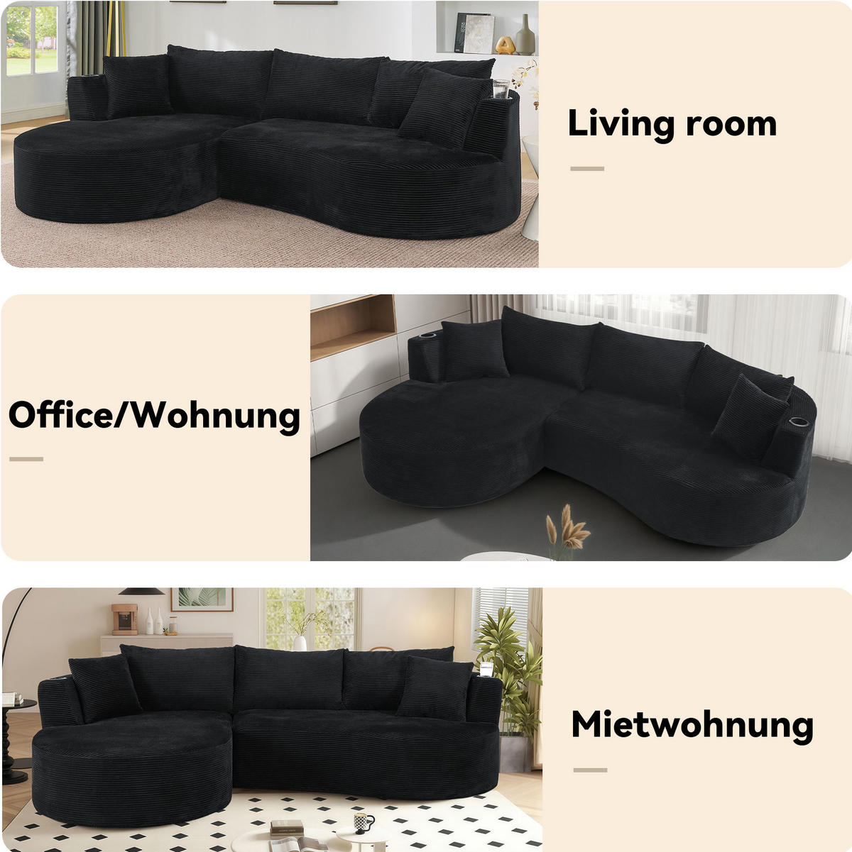 SOFA 3-Sitzer mit Getränkehaltern und Kissen aus weichem Kordstoff, Schwarz - Schwarz, Kunststoff (264/76/168cm) - Redom