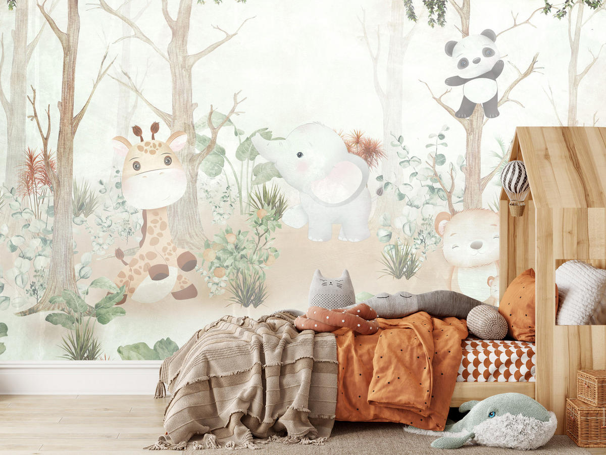 FOTOTAPETE für Kinder Tiere Wald Pflanzen 300x210 - Beige/Orange, Papier (300/210cm) - Muralo