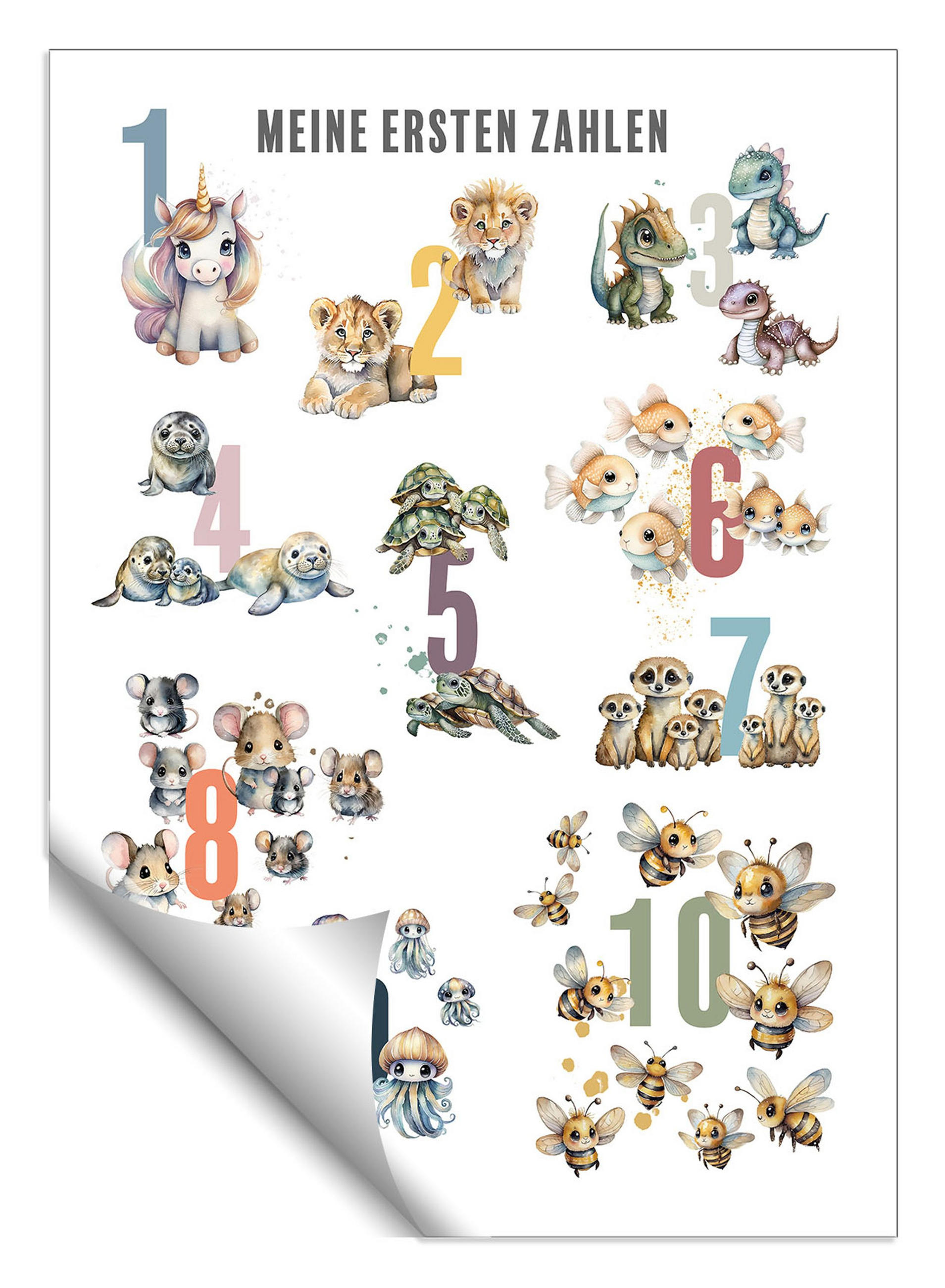 POSTER 50x70 cm Zahlen Tiere Kinderposter - Weiß, Papier (50/70/2cm)