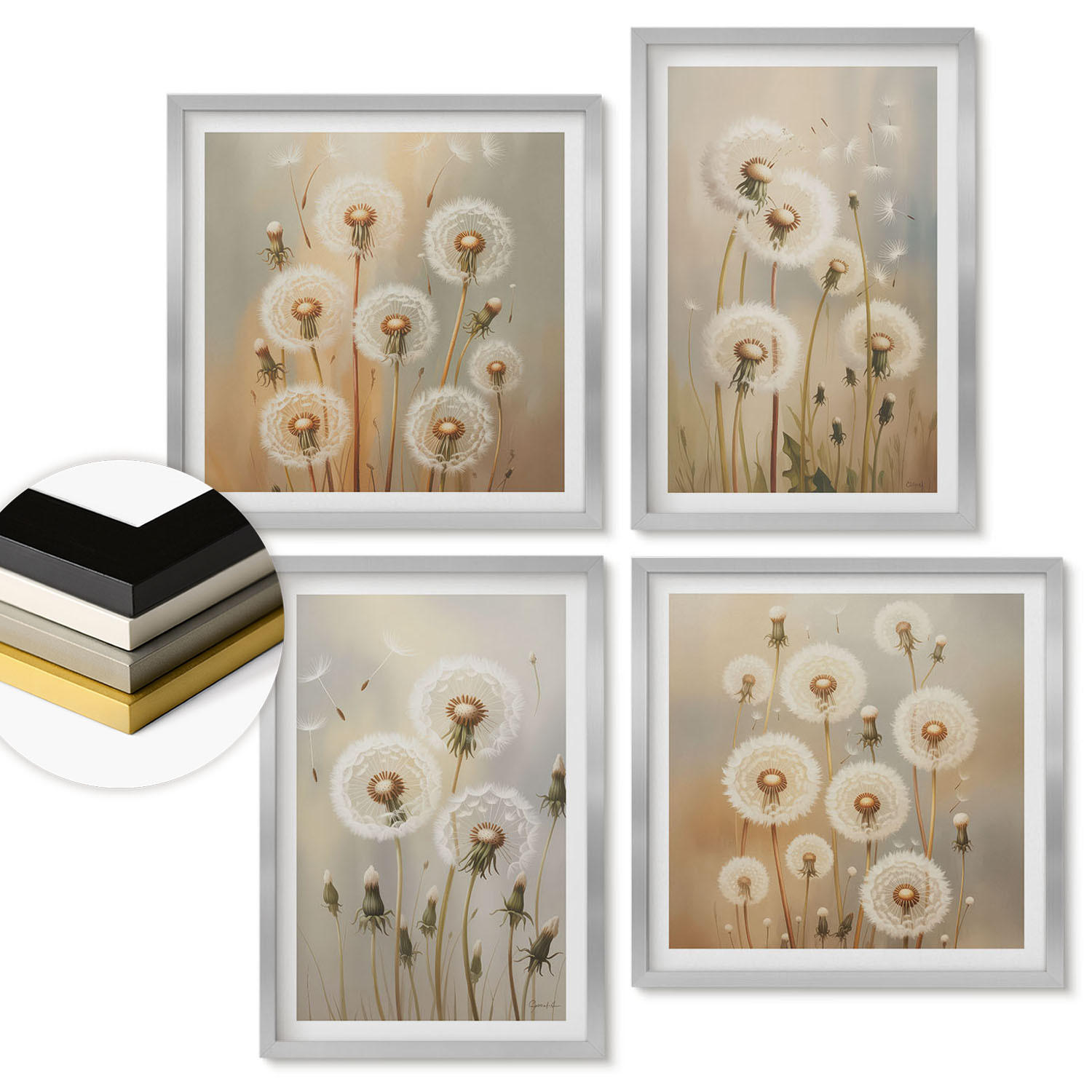 WANDBILDER 4er Set - 50x50 cm & 40x60 cm Silberner Rahmen - Weiße Löwenzahnblüten auf hellem Hintergrund - Silberfarben, Kunststoff (50/50cm) - ArtPrintCave