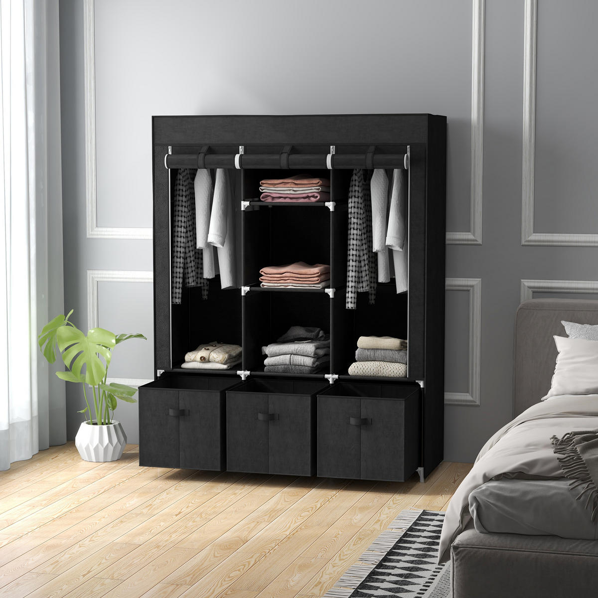 STOFFSCHRANK, Kleiderschrank, Schwarz - Schwarz, Metall (43/162.5/125cm) - HOMCOM