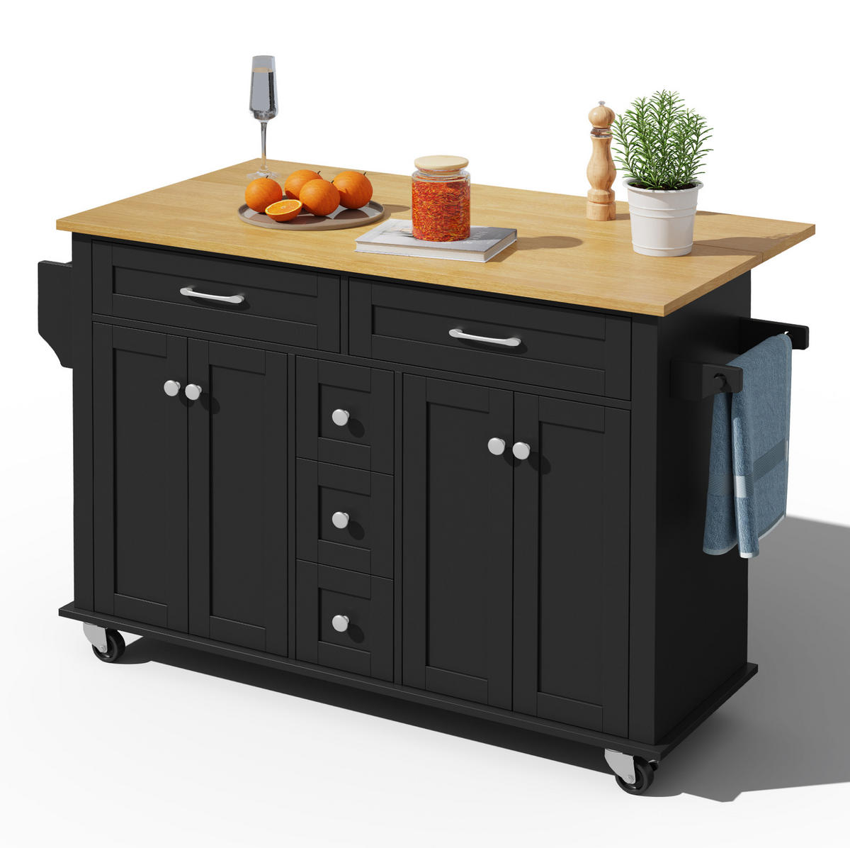 KÜCHENINSEL 140/40(65)/89 cm schwarz/natur mit klappbarer Arbeitsplatte - Schwarz, Holzwerkstoff (140/89/65cm) - OKWISH