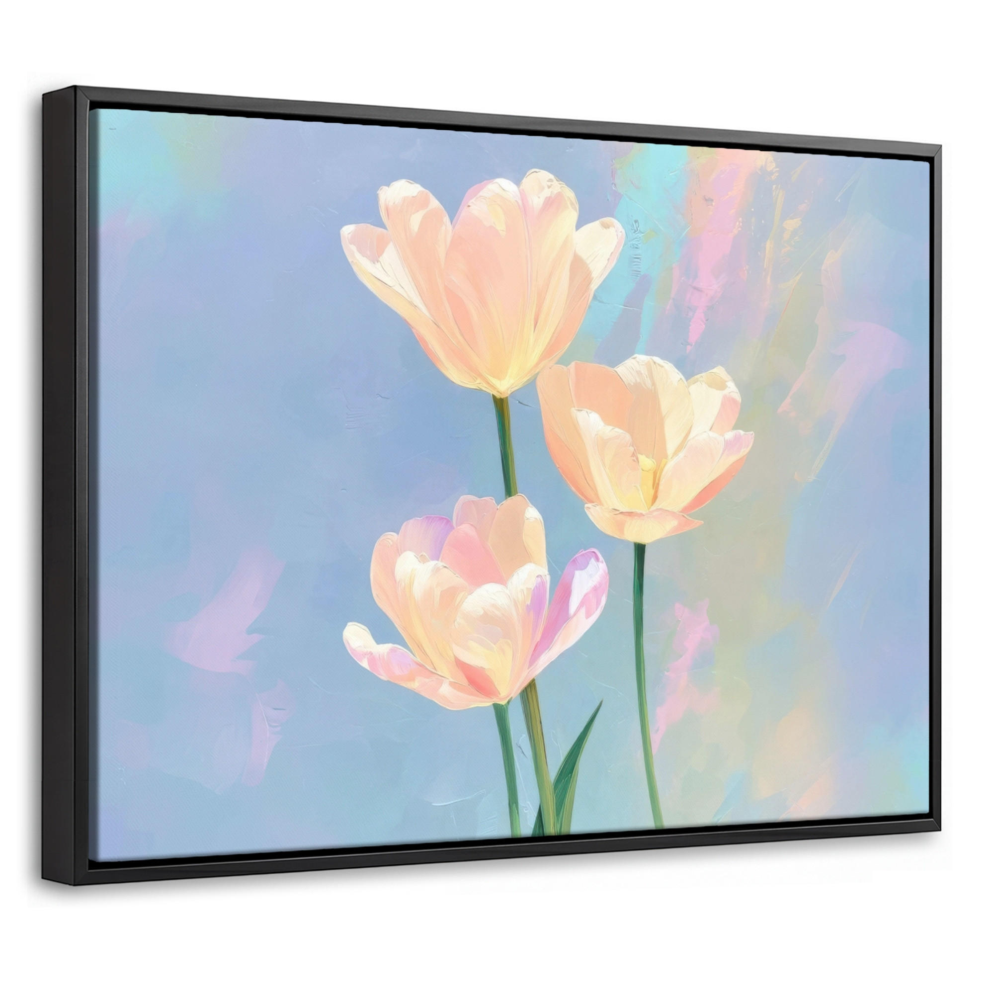 LEINWAND Bilder mit Rahmen - Tulpen - Rosa Akzente - Blau - 40x30 - Pastellblau, Textil (40/30cm) - MuchoWow