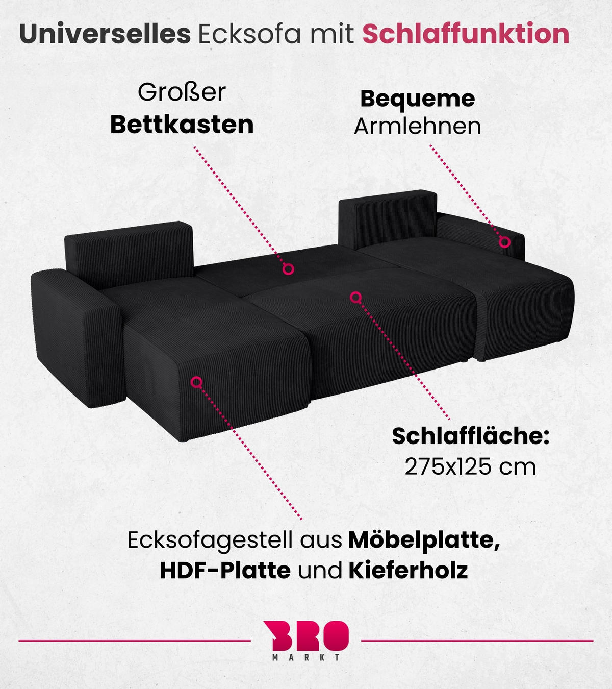 WOHNLANDSCHAFT Plush mit Schlaffunktion Schwarz Cord - Schwarz, Kunststoff/Textil (315/72/145cm) - Bromarkt