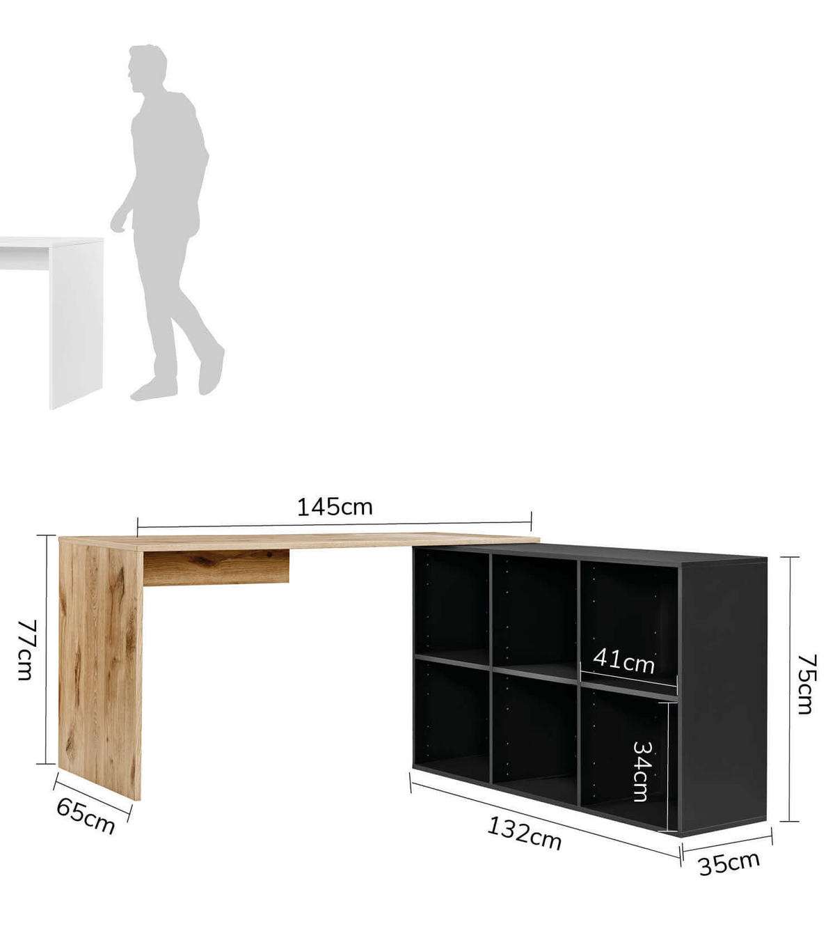 ECKSCHREIBTISCH Der Produktive - Eichefarben/Schwarz, Holzwerkstoff (65/145/77cm) - Mokebo