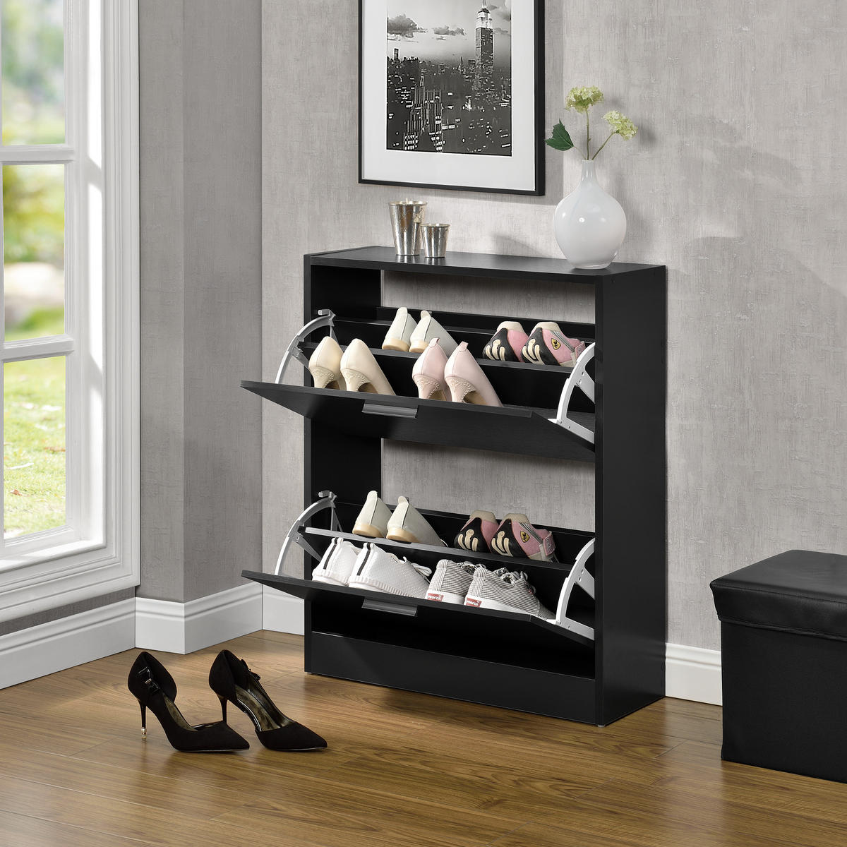 SCHUHSCHRANK Sykkylven - Schwarz, Holzwerkstoff (63/81/24cm) - [en.casa]