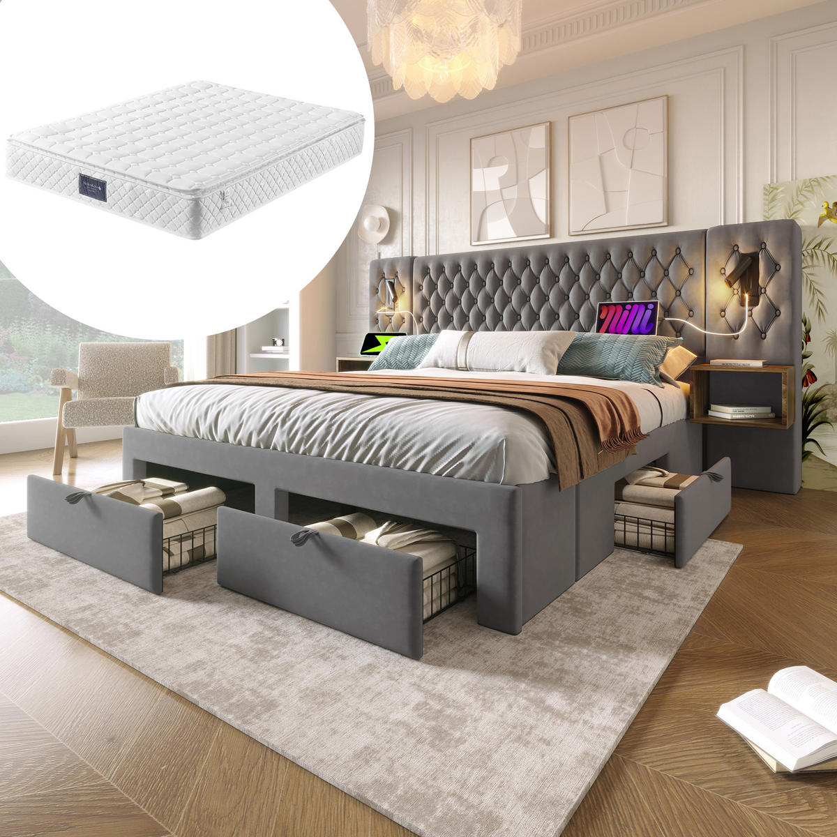 POLSTERBETT aus Samt 160x200 cm in Grau mit Matratze & LED-Leselicht - Grau, Textil (160/200cm) - Modfu