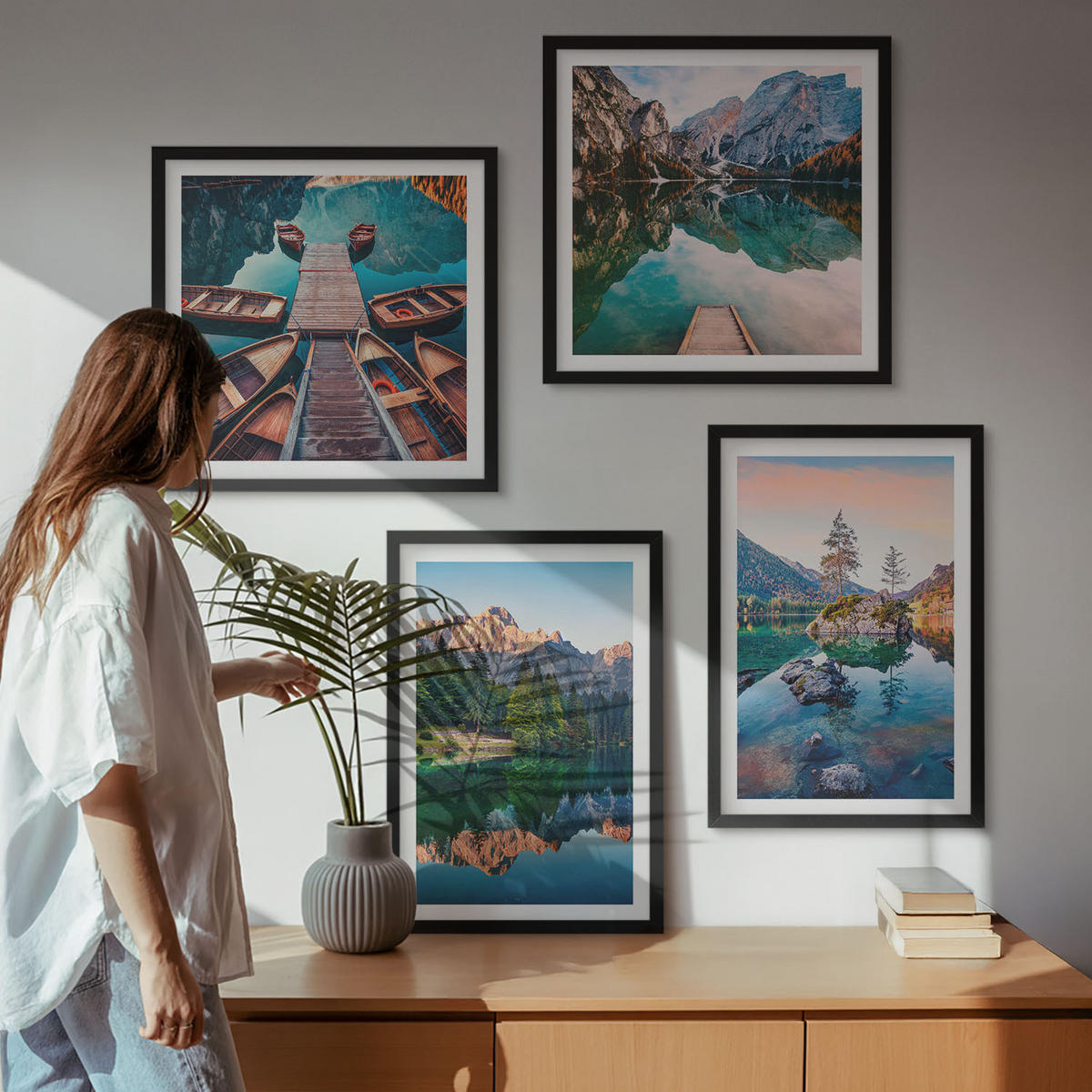 BILDER SET 4er Set - 50x50 cm & 40x60 cm Schwarzer Rahmen - Spiegelung des Waldes in Bergseen - Schwarz, Kunststoff (50/50cm) - TULUP