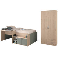KINDERZIMMER Eiche, grün 2-teilig, Jugendzimmer-Set mit Stauraumbett und Kleiderschrank - Eichefarben/Silberfarben, Holzwerkstoff/Kunststoff (203/79/136cm) - Parisot Meuble