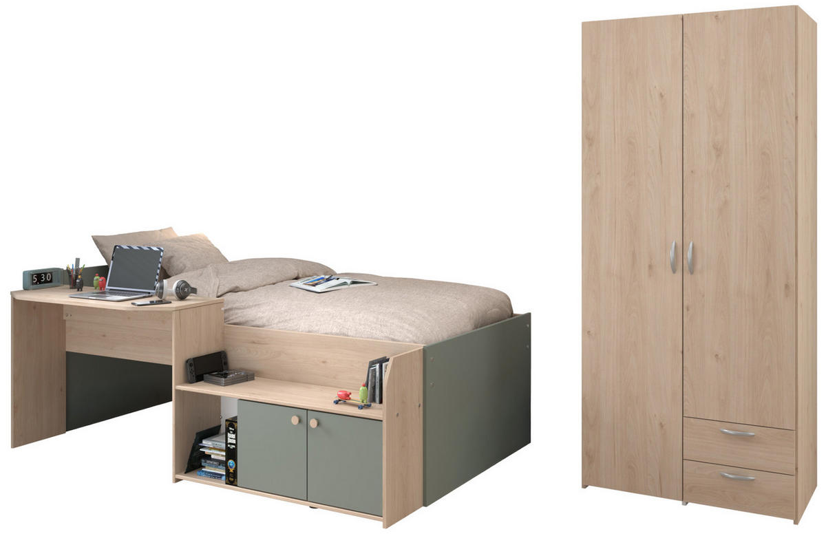 KINDERZIMMER Eiche, grün 2-teilig, Jugendzimmer-Set mit Stauraumbett und Kleiderschrank - Eichefarben/Silberfarben, Holzwerkstoff/Kunststoff (203/79/136cm) - Parisot Meuble