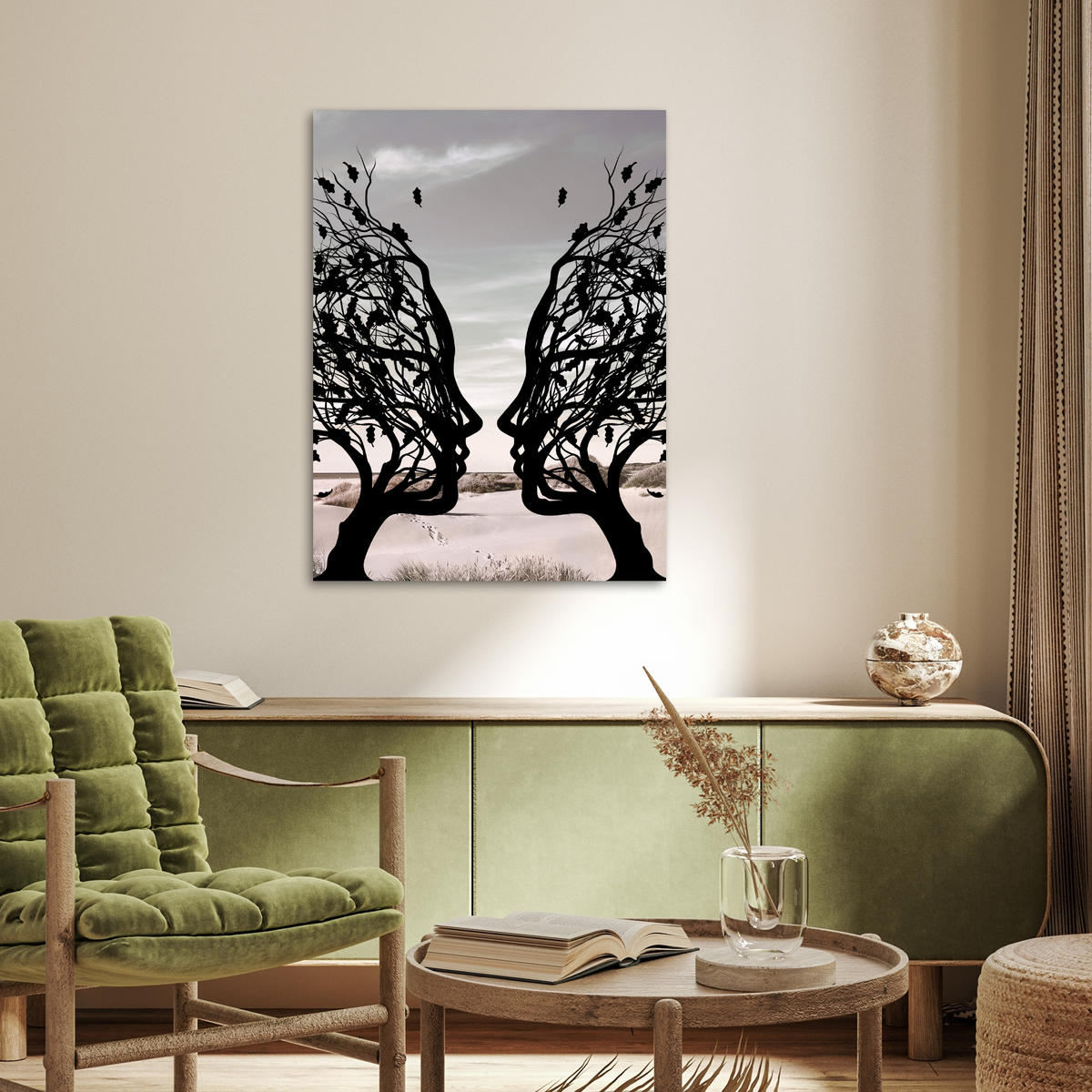 POSTER Strand - Meer - Menschen - Baum - Moderne Kunst 60x80 cm - Hellgrau, Papier (60/80/0.1cm) - MuchoWow