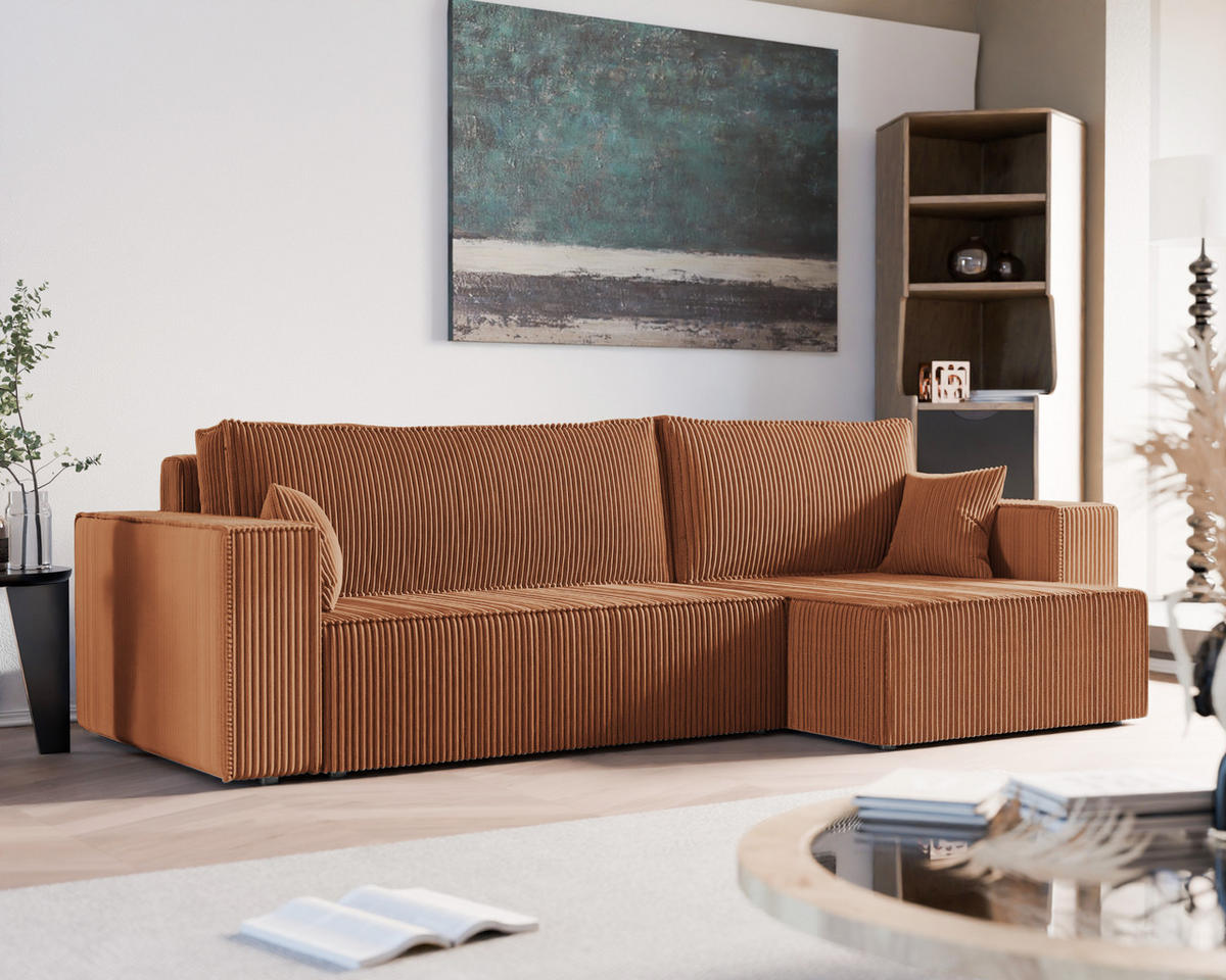ECKSOFA mit Schlaffunktion und Bettkasten, Orange - Orange, Holzwerkstoff/Textil (145/276cm) - Idohome