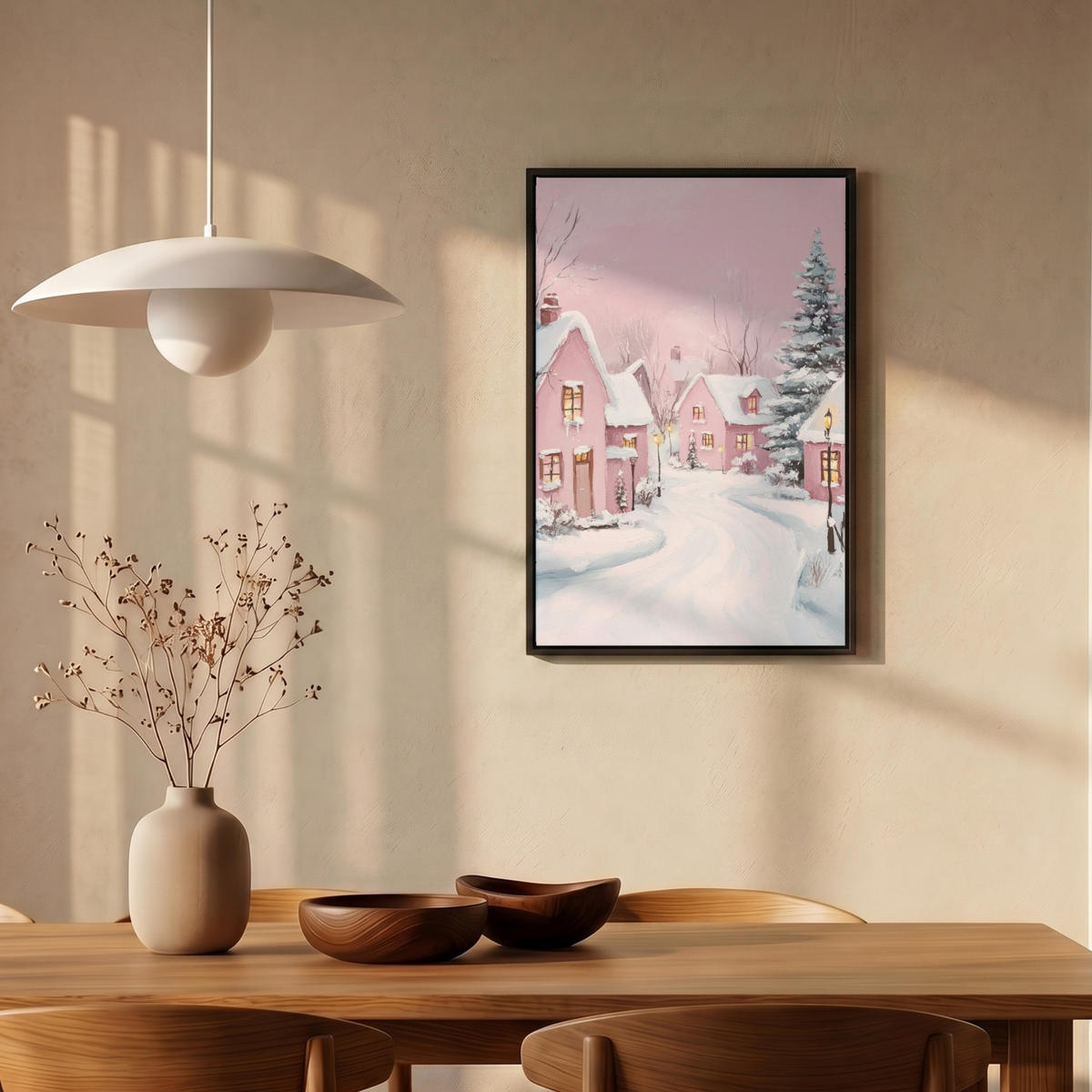 LEINWAND Bilder mit Rahmen - Weihnachtsdorf - Rosa - Winter - Schnee - Häuser - 40x60 - Altrosa, Textil (40/60cm) - MuchoWow