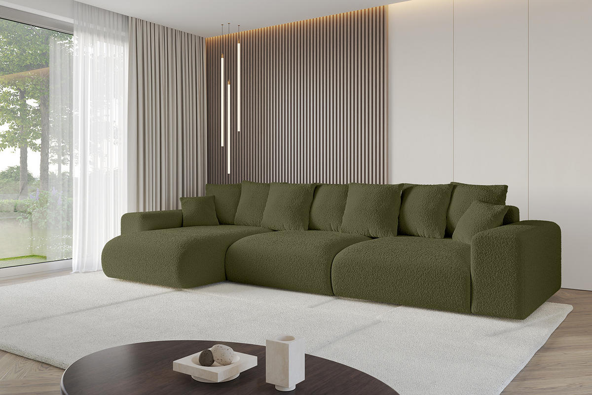 ECKSOFA Ottomane links ESKAR-L 364x176x84 Olivgrün Bouclé - Schwarz/Olivgrün, Holzwerkstoff/Kunststoff (364/176cm) - ALTDECOR