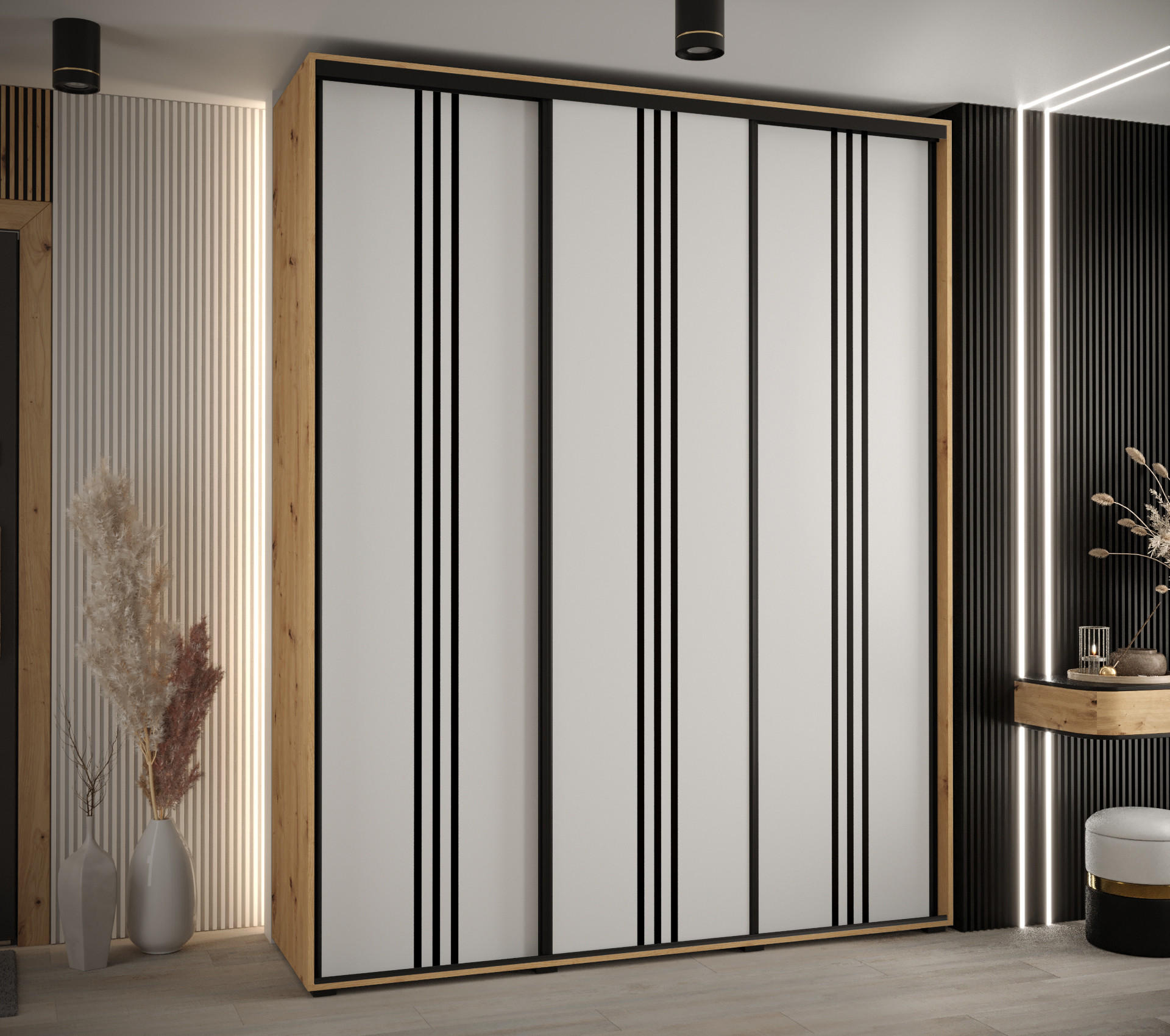 SCHWEBETÜRENSCHRANK 235,2/200/60 3-türig - Schwarz/Weiß, Holz/Metall (200/235/60cm) - Abiks Möbel