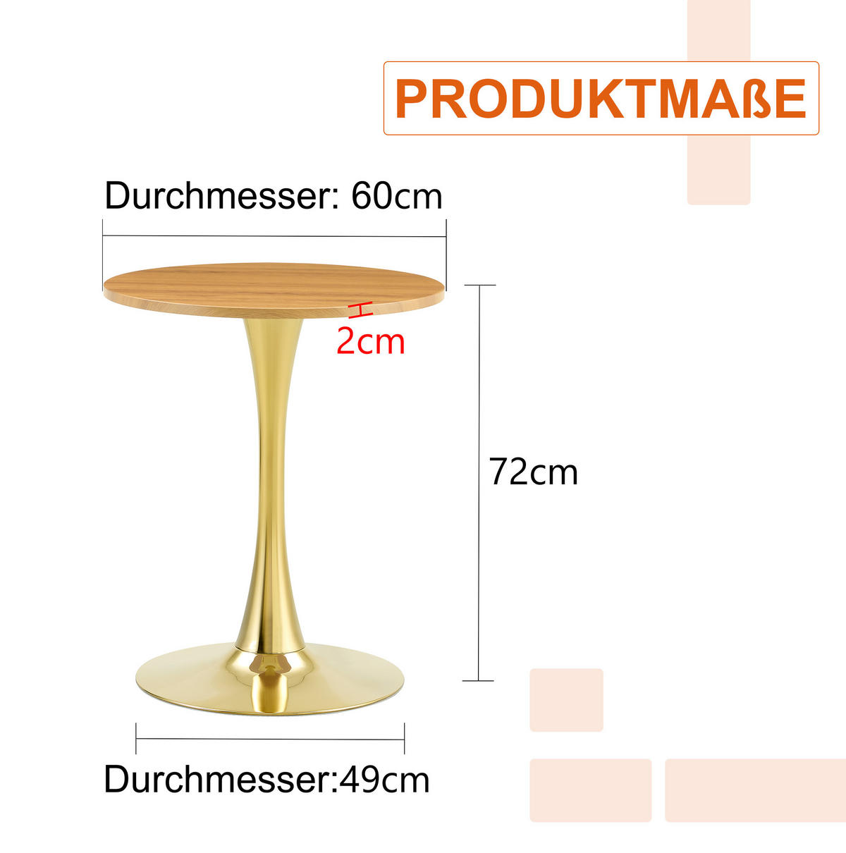 BEISTELLTISCH 60/72 cm in Holzoptik mit goldfarbenem Metallgestell - Schwarz, Holzwerkstoff (60/60/72cm) - Flora Grace