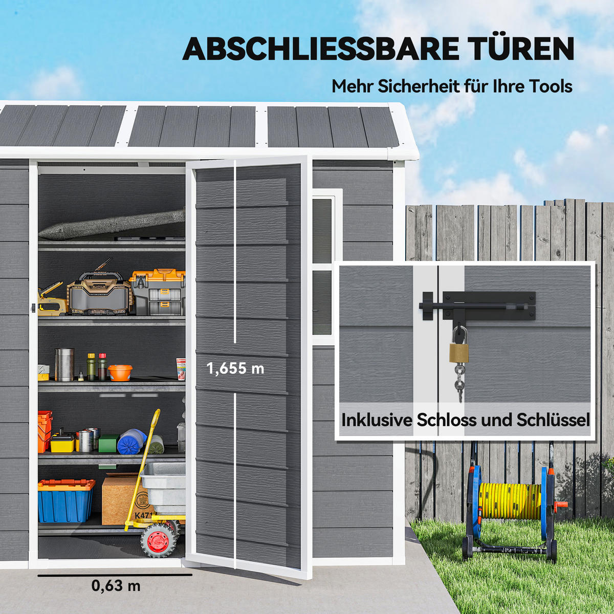 GERÄTEHAUS Kunststoff 2,1m² 186 x 130 x 199cm Geräteschuppen mit Satteldach - Grau, Kunststoff (130/199/186cm) - Outsunny