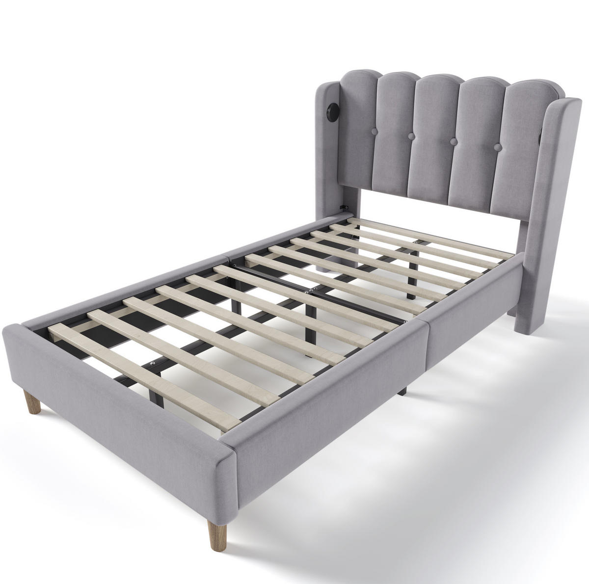 POLSTERBETT 90/200 cm mit USB-C und Lattenrost, grau, gepolstertes Kopfteil - Grau, Textil (90/200cm) - BEAOK