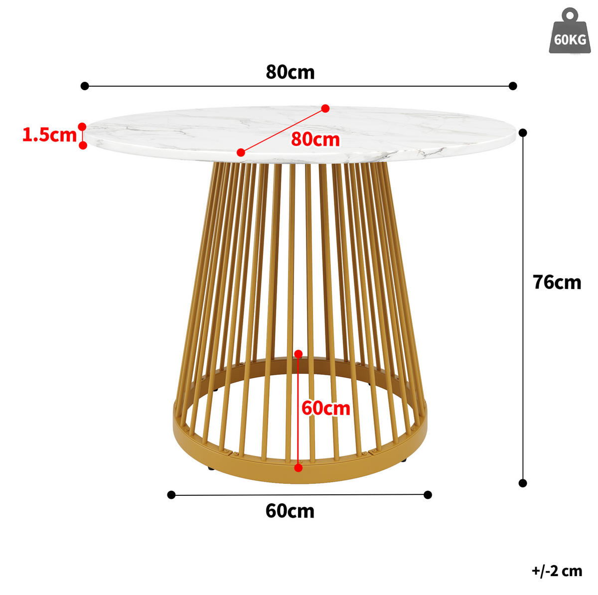 ESSTISCH 80/76/80 cm Weiß/Goldfarben aus MDF und Metall mit verstellbaren Füßen - Goldfarben, Holzwerkstoff (80/80/76cm) - OKMYHOME