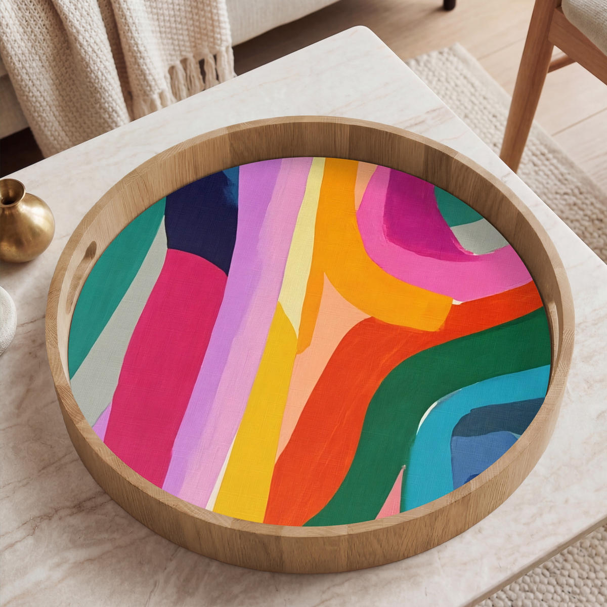 SERVÍROVACÍ PODNOS Abstraktní - barevné - vlny - linie 50x50 cm - různobarevná, dřevo (50/5/5cm) - OnlyWow