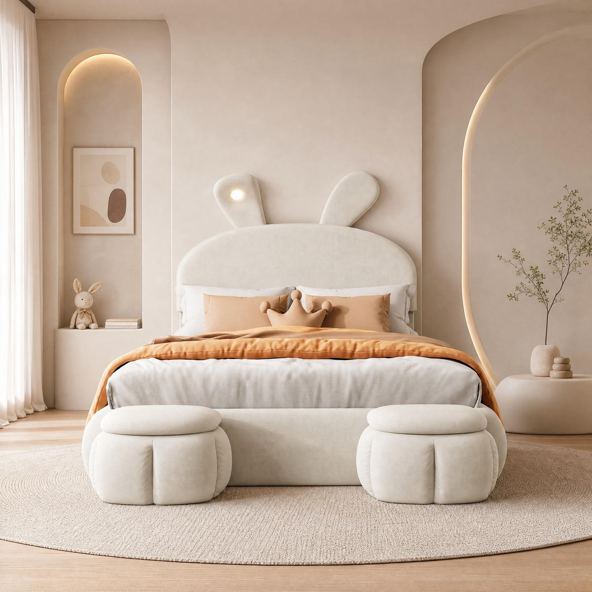 POLSTERBETT 140/200 mit Bettkasten, LED und Aufbewahrungshocker in Beige - Beige, Holzwerkstoff/Textil (140/200cm) - EVRYAE