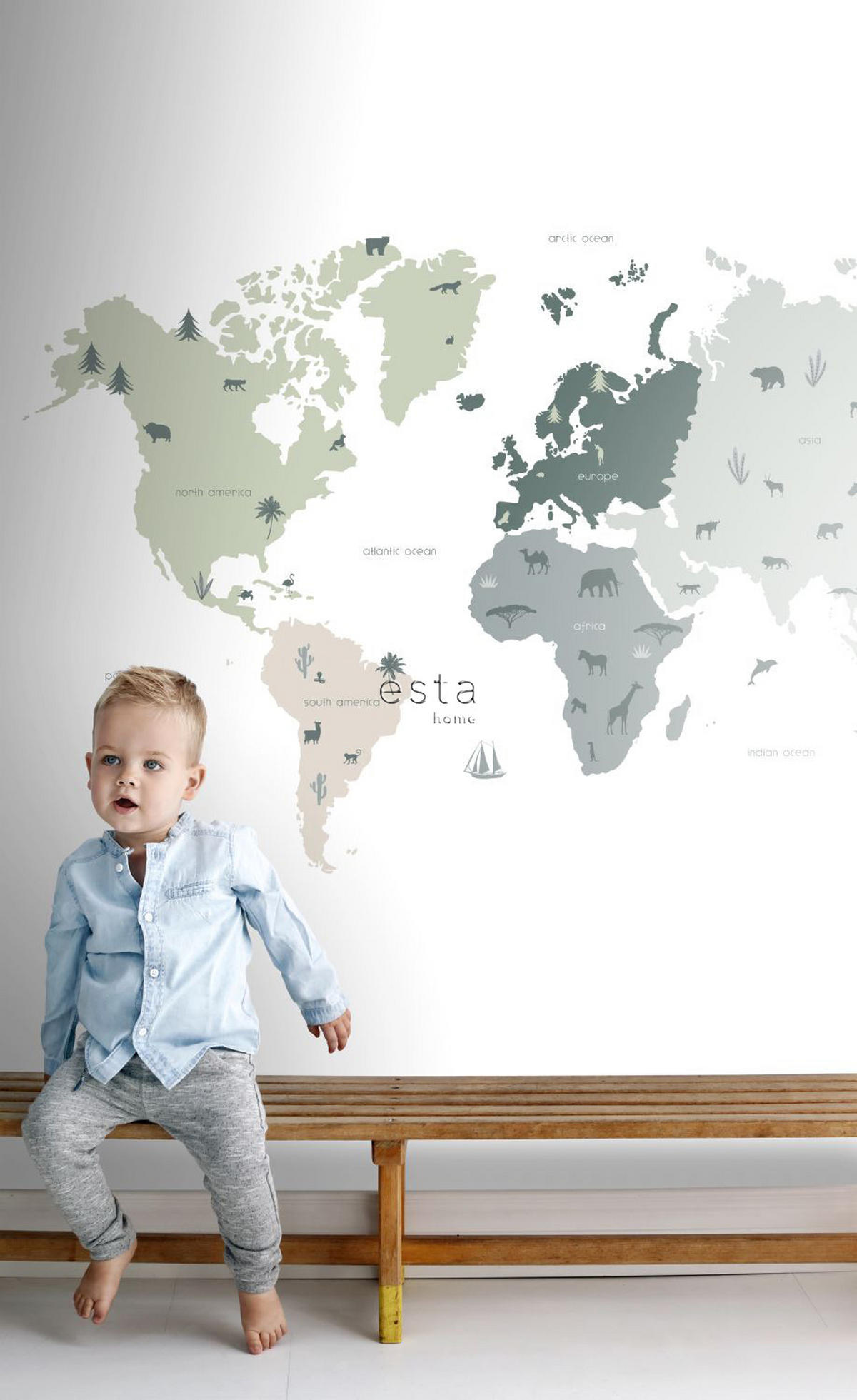 FOTOTAPETE Weltkarte für Kinder 200 x 279 cm - Grün, Papier (200/279cm) - ESTAhome