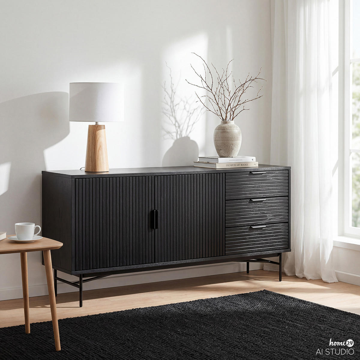 SIDEBOARD mit 2 Türen - Eichefarben/Schwarz, Holzwerkstoff/Metall (160/75/40cm) - home24