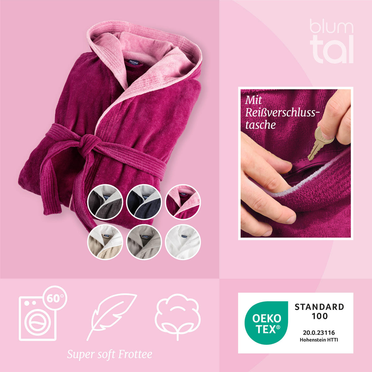 BADEMANTEL Cotton Ida: L, Fuchsia und Pink - Pink, Textil (Lnull) - Blumtal