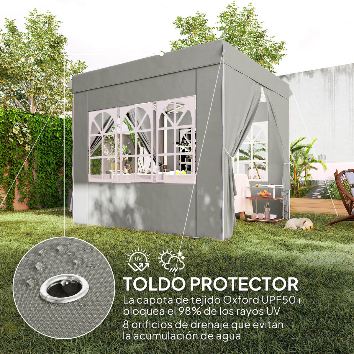PAVILLON, faltbar,mit 3 verstellbaren Höhenstufen, wasserdicht (UPF 50+), 2,5 x 2,5 m ,Grau - Hellgrau, Metall (248/270/248cm) - Vallsero