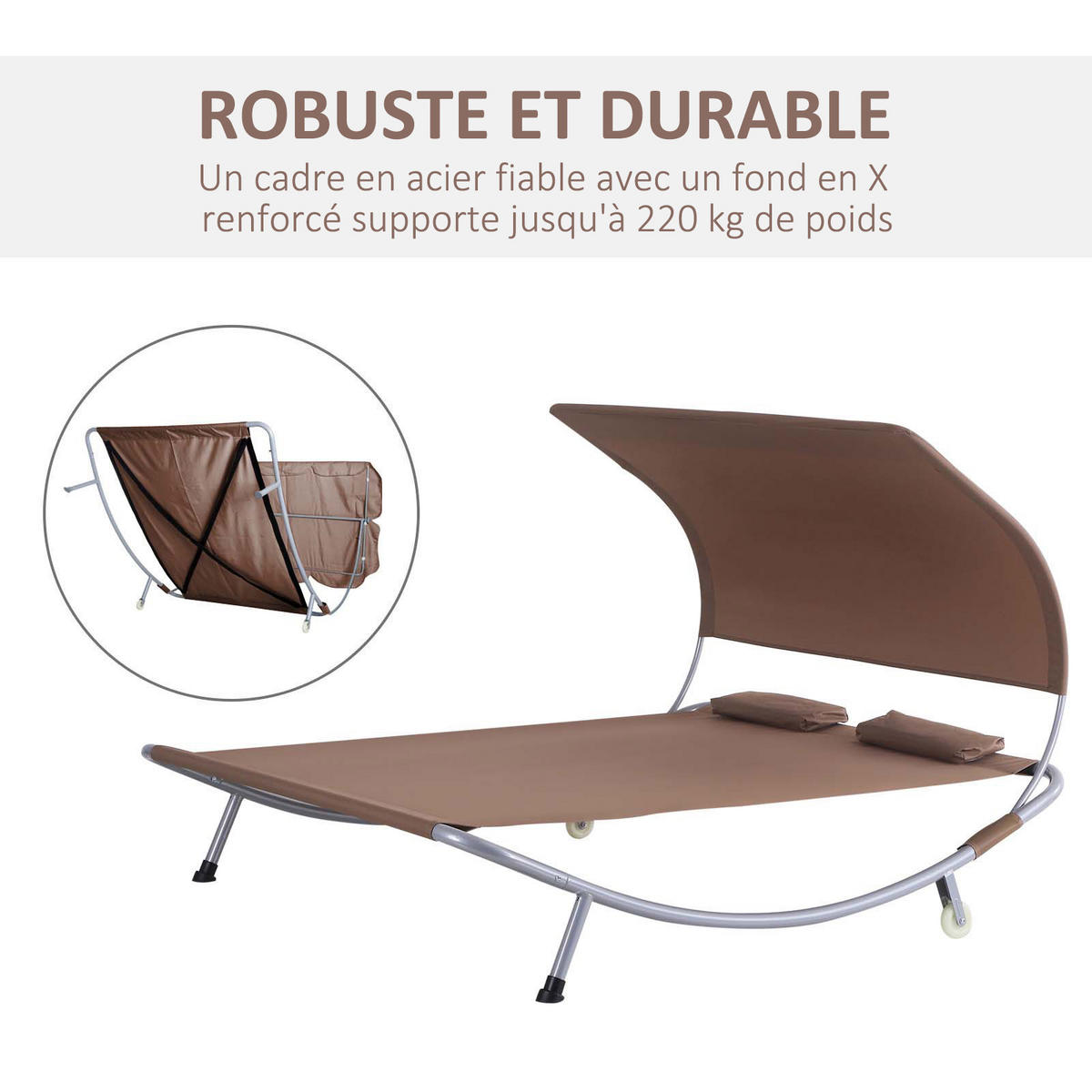 GARTENLIEGE DE-15600 verstellbares Dach, 2 Kissen + Rollen Dunkelbraun - Dunkelbraun, Metall (170/130/200cm) - ComfortXL