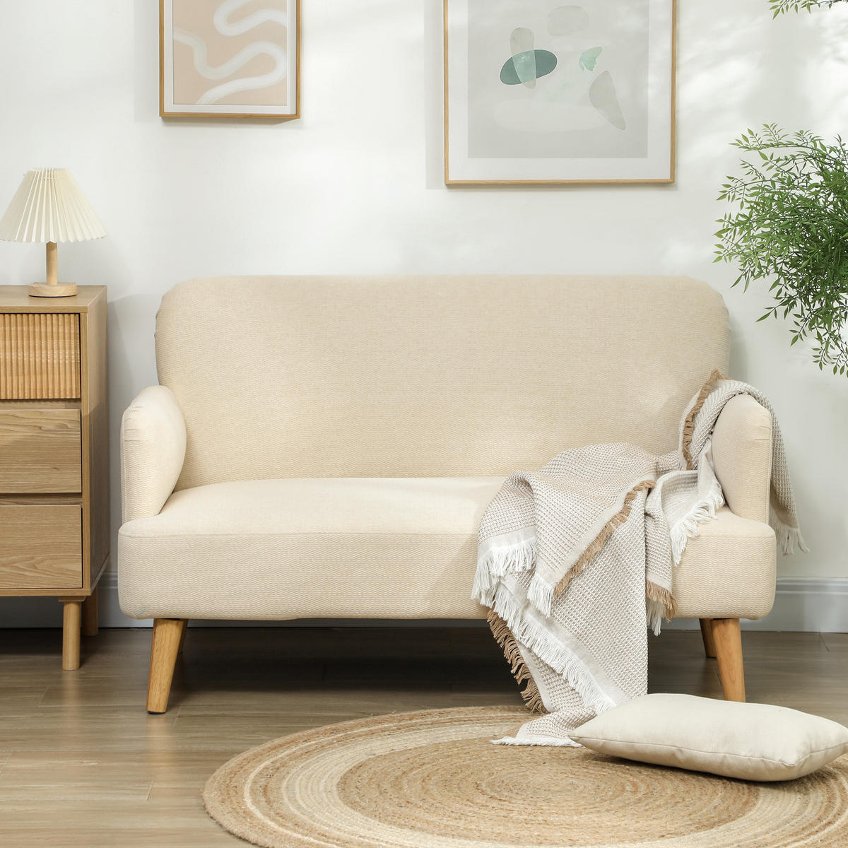 SOFA, 2 Sitzer , 130 x 74 x 79 cm, Cremeweiß - Weiß, Textil (130/79/74cm) - HOMCOM