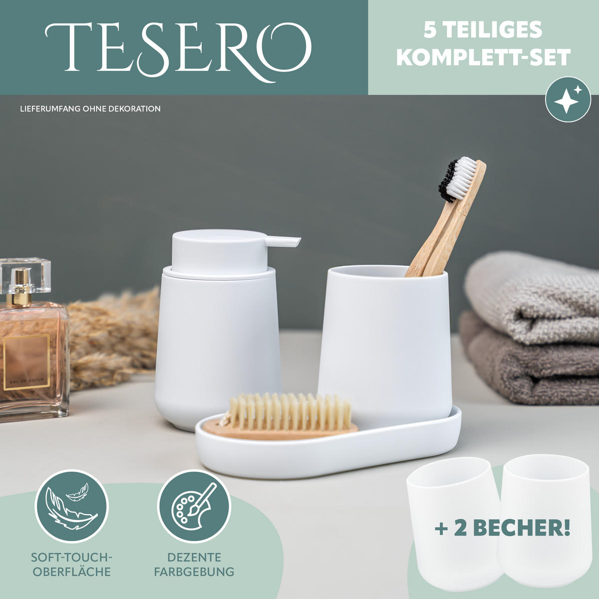 BAD-ACCESSOIRES-SET TESERO 5tlg., Soft-Touch, weiß - Weiß, Kunststoff (8.5/12/9cm) - eluno
