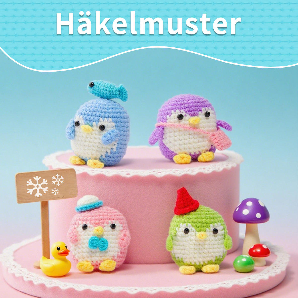KOMPLET za kvačkanje pingvinov (4 kosi), amigurumi za začetnike z navodili - modra, tekstil (1/1/1cm)