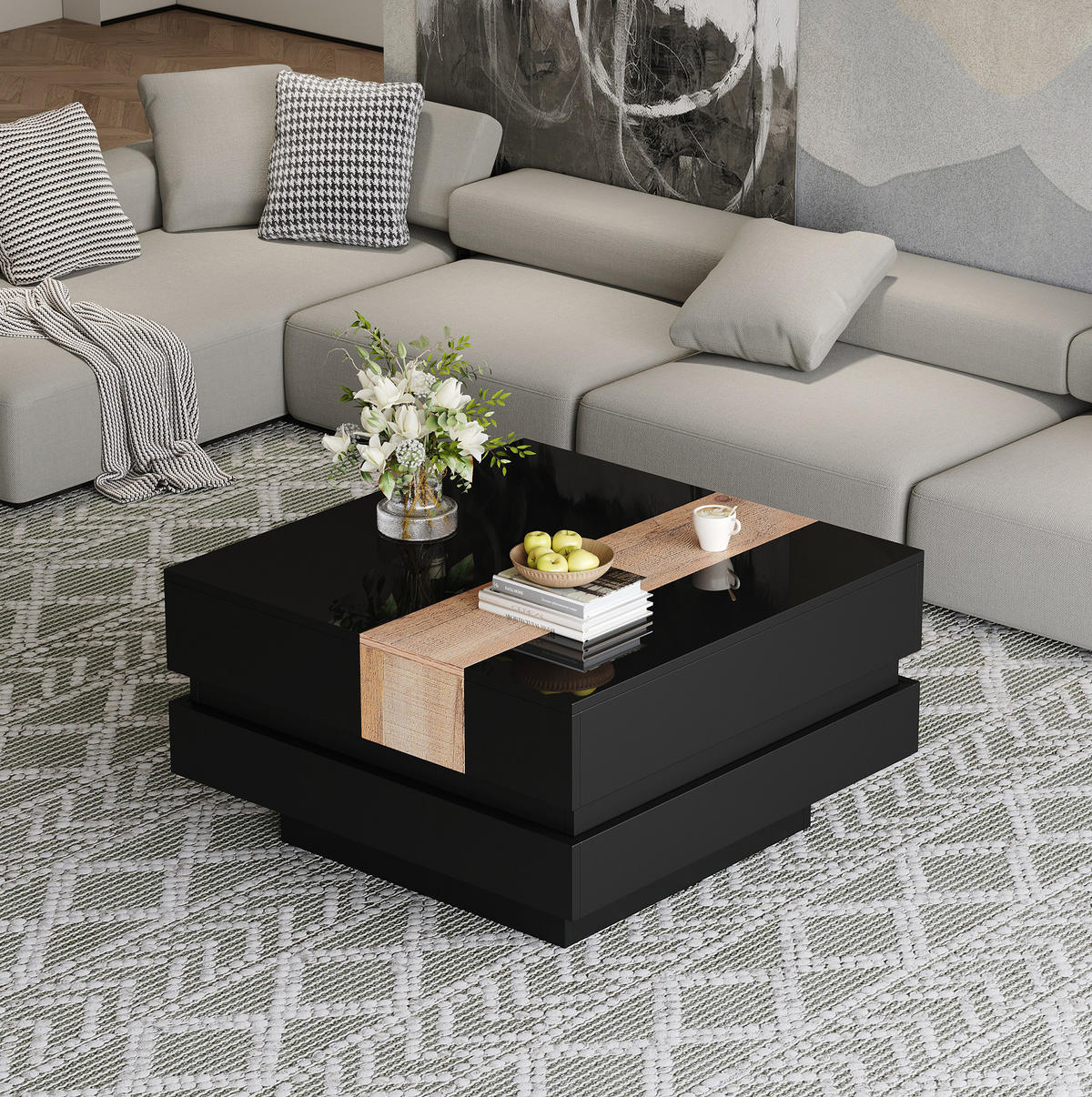 COUCHTISCH aus Spanplatte 70x70x39 cm Schwarz mit ausziehbarer Tischplatte und Stauraum - Schwarz, Holzwerkstoff (70/70/39cm) - IVMEU