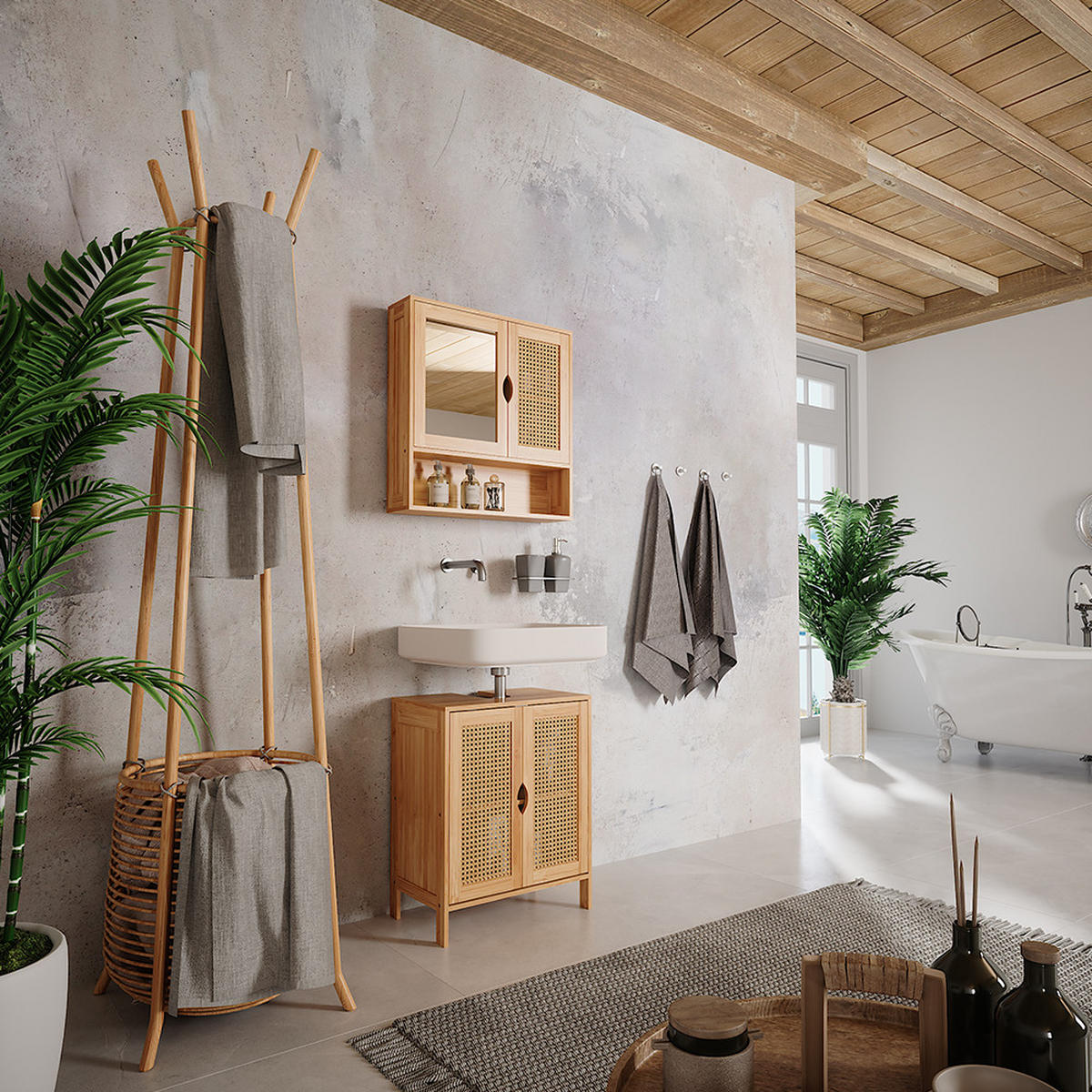 KÚPEĽŇOVÁ ZRKADLOVÁ SKRINKA Liora Bambus/ratan - zelená, kompozitné drevo (56/58/13cm) - Vicco