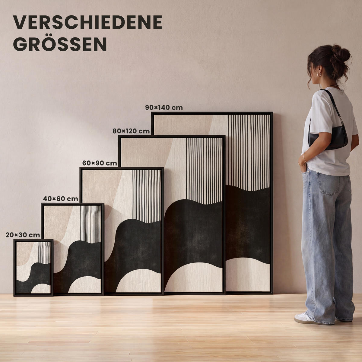 LEINWAND Bilder mit Rahmen - Abstrakt - Japandi - Beige - Modern - 40x60 - Schwarz, Textil (40/60cm) - MuchoWow