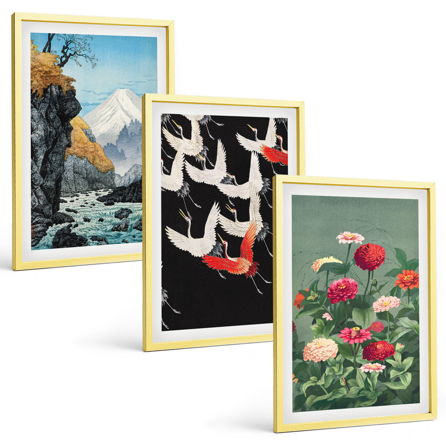 BILDER SET 3er Set - 40x60 cm Goldrahmen - Berge, Wasserfälle, Vögel, Blumen - Goldfarben, Kunststoff (40/60cm) - TULUP